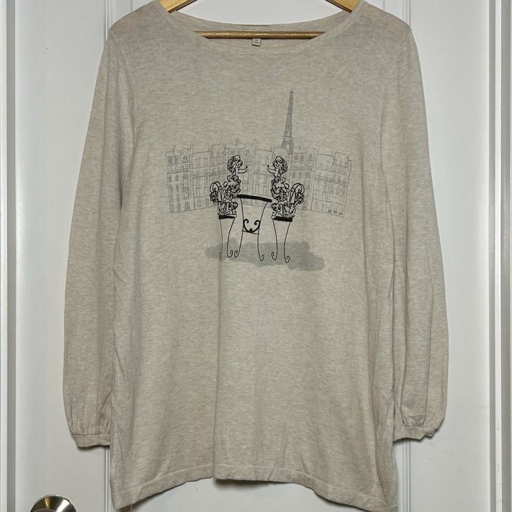 Talbots Cotton Blend Oatmeal Paris Poodles Eiffel Tower Graphic Long Sleeve Top